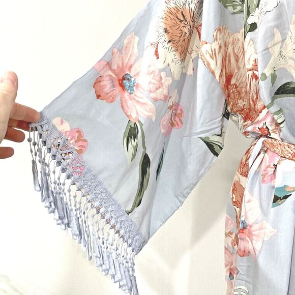 Romantic kimono wrap robe Boho blue pink floral soft cotton lace tassel trim OS - Picture 3 of 11